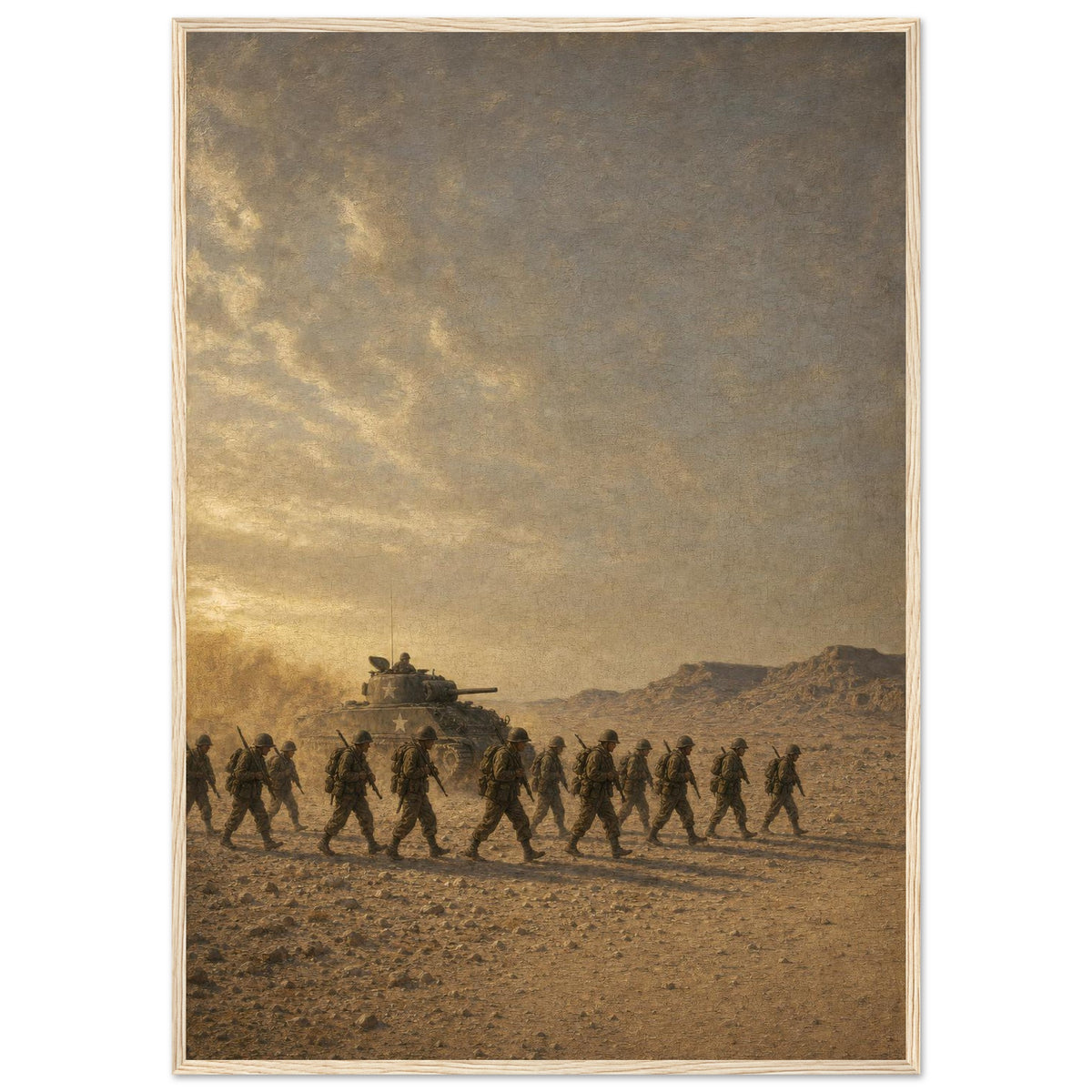 The African Theater — framed fine art print of infantry and a Sherman tank in the desert, 12x18″ in a natural wood frame