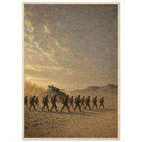 The African Theater — framed fine art print of infantry and a Sherman tank in the desert, 12x18″ in a natural wood frame