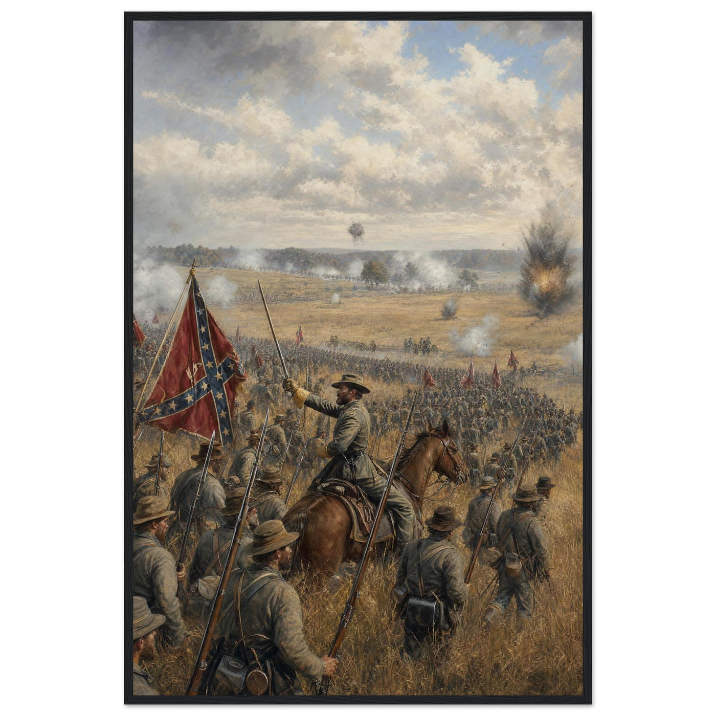 Framed print of the first charge at Manassas, ready to hang.