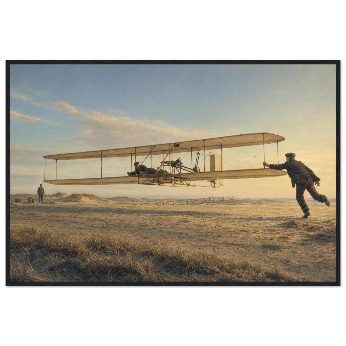 Wooden framed print of the Wright Brothers' first flight — room view, ready to hang.