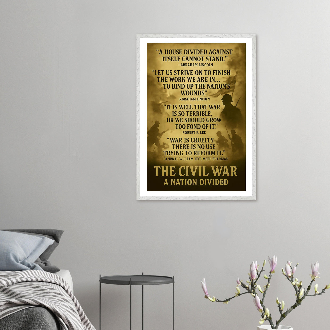 Framed print depicting the divided nation of the Civil War, ready to hang.