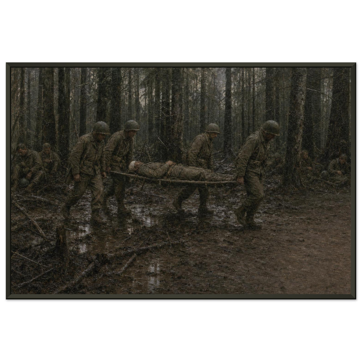 The Hurtgen Forest — framed fine art print of soldiers carrying a stretcher through woods, 16x24″ in a black frame