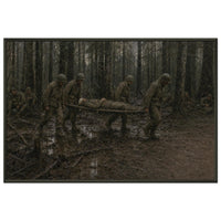 The Hurtgen Forest — framed fine art print of soldiers carrying a stretcher through woods, 16x24″ in a black frame