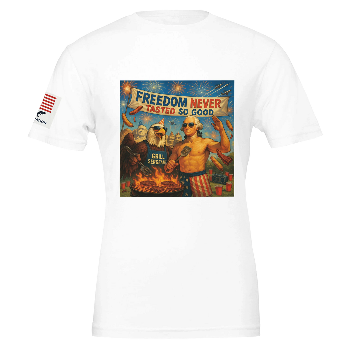 Freedom Never Tasted so Good - BBQ T-Shirt — T-shirt of a white t-shirt with a shirtless colonial-wigged man and bald eagle grilling under fireworks