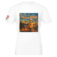 Freedom Never Tasted so Good - BBQ T-Shirt — T-shirt of a white t-shirt with a shirtless colonial-wigged man and bald eagle grilling under fireworks