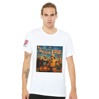Freedom Never Tasted so Good - BBQ T-Shirt — T-shirt of a white t-shirt with a shirtless colonial-wigged man and bald eagle grilling under fireworks