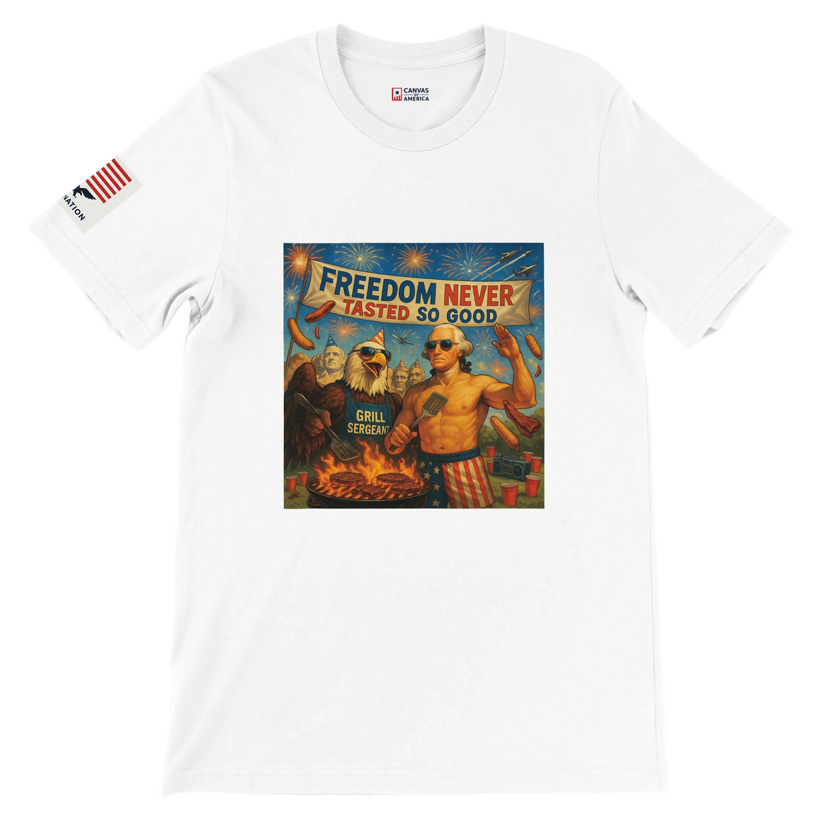 Freedom Never Tasted so Good - BBQ T-Shirt — T-shirt of a white t-shirt with a shirtless colonial-wigged man and bald eagle grilling under fireworks