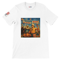 Freedom Never Tasted so Good - BBQ T-Shirt — T-shirt of a white t-shirt with a shirtless colonial-wigged man and bald eagle grilling under fireworks