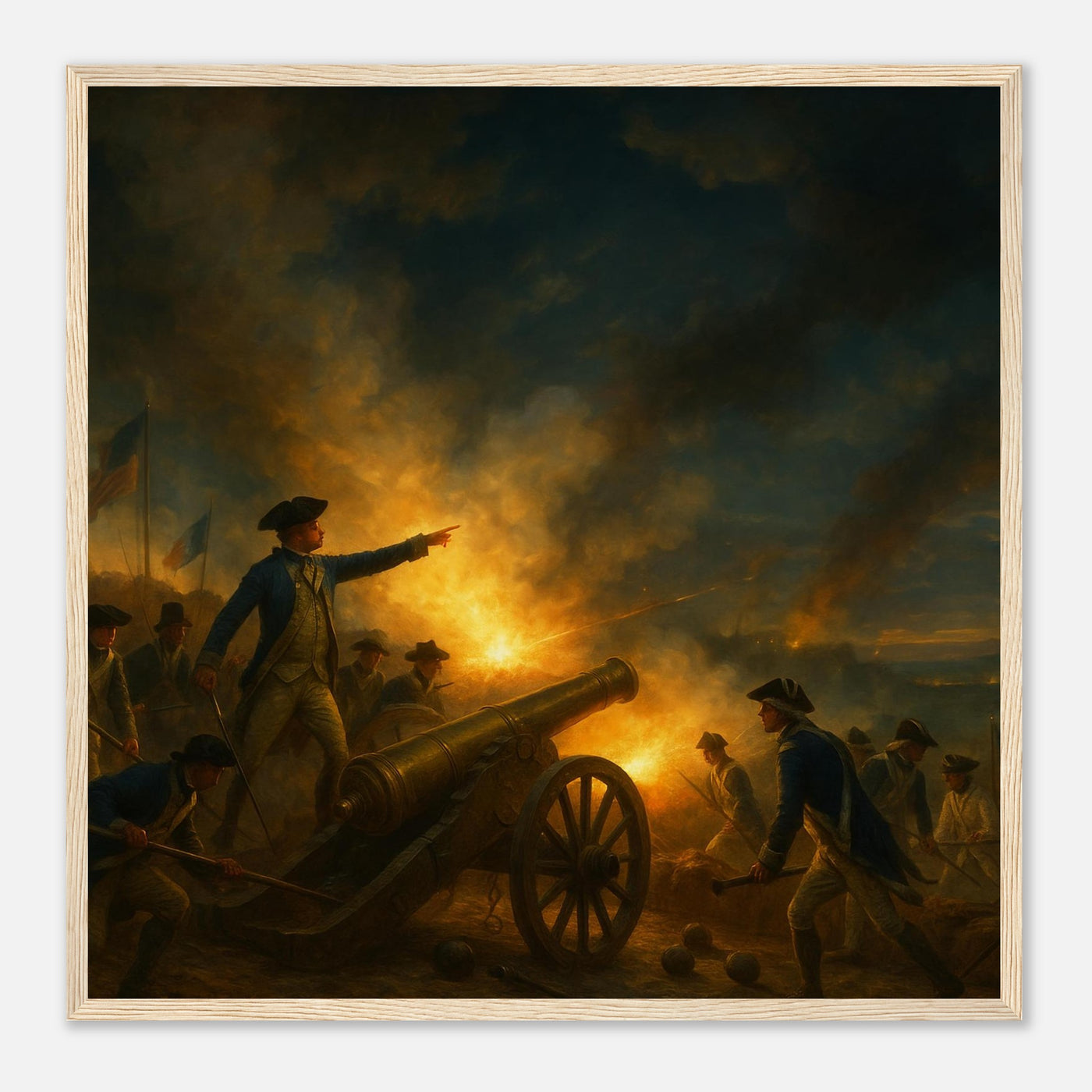 Framed print of the French and American allies at Yorktown, ready to hang.