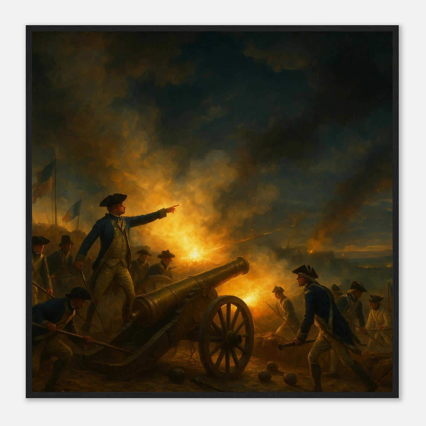 Framed print of the French and American allies at Yorktown, ready to hang.
