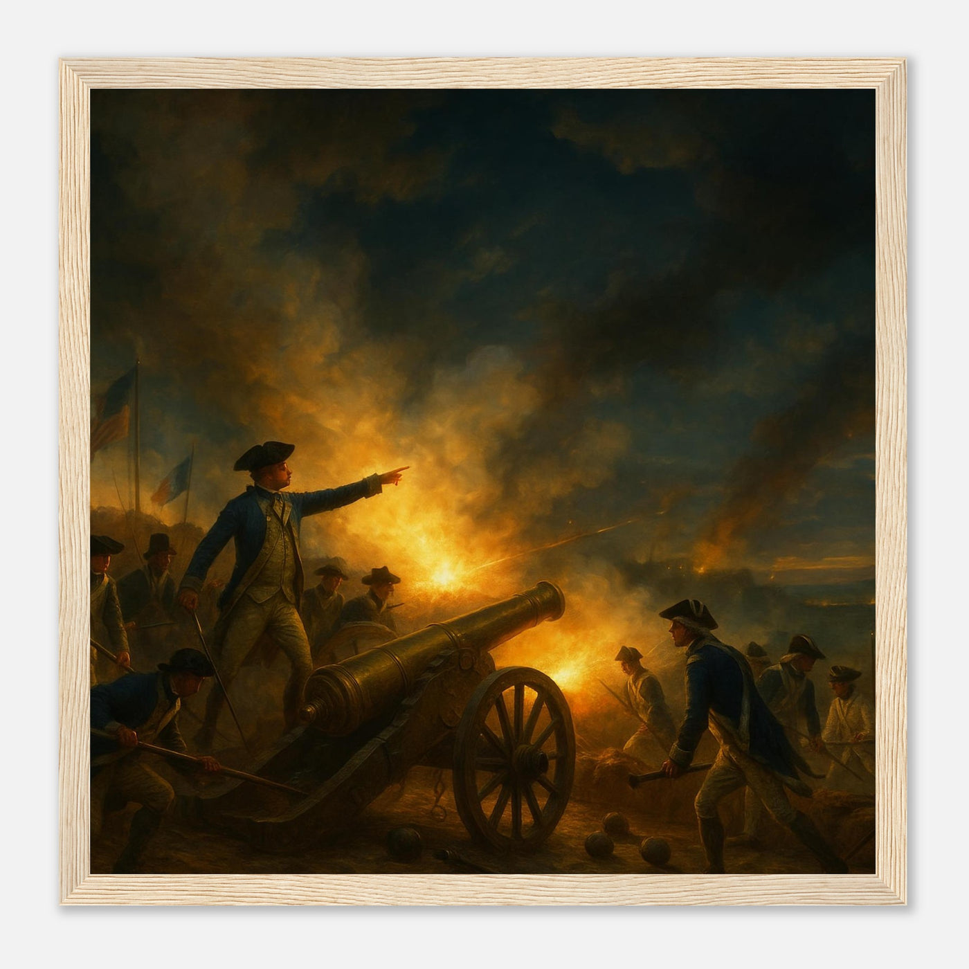Framed print of the French and American allies at Yorktown, ready to hang.