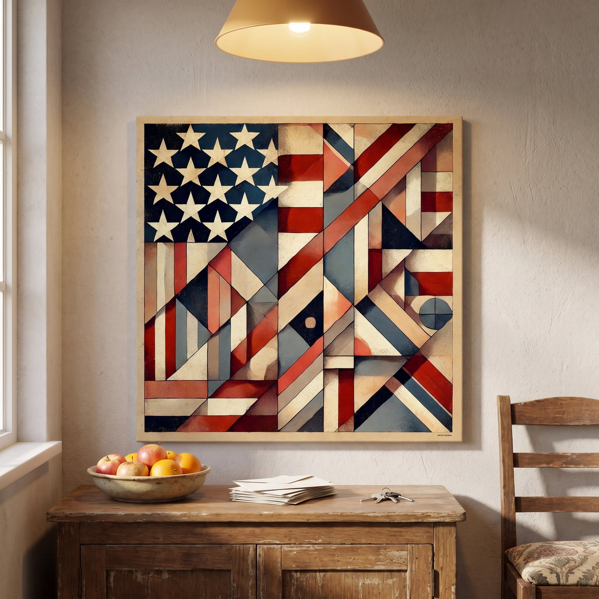Stars Abstracted – geometric patchwork of stars and stripes in red, cream and blue, patriotic canvas wall art above a sideboard in a dining room