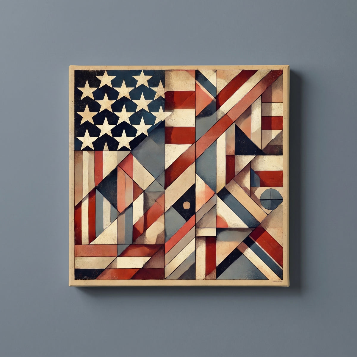 Stars Abstracted – geometric patchwork of stars and stripes in red, cream and blue, patriotic canvas wall art on a slate grey wall