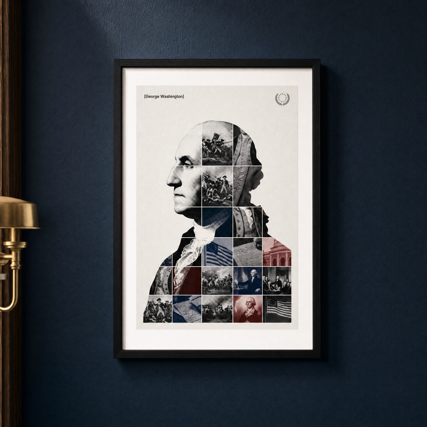 George Washington framed print, matte black frame, shown on a deep navy wall — ready to hang.