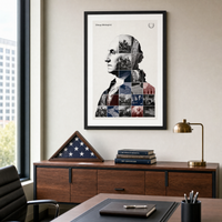 George Washington framed print, matte black frame, 24×36″, shown above a walnut console in an executive office.