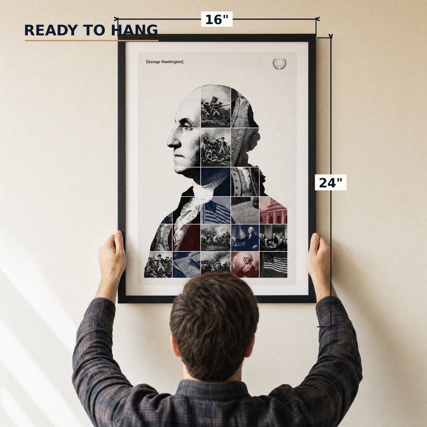 George Washington framed print, matte black frame, 16×24″, held to the wall — ready to hang out of the box.