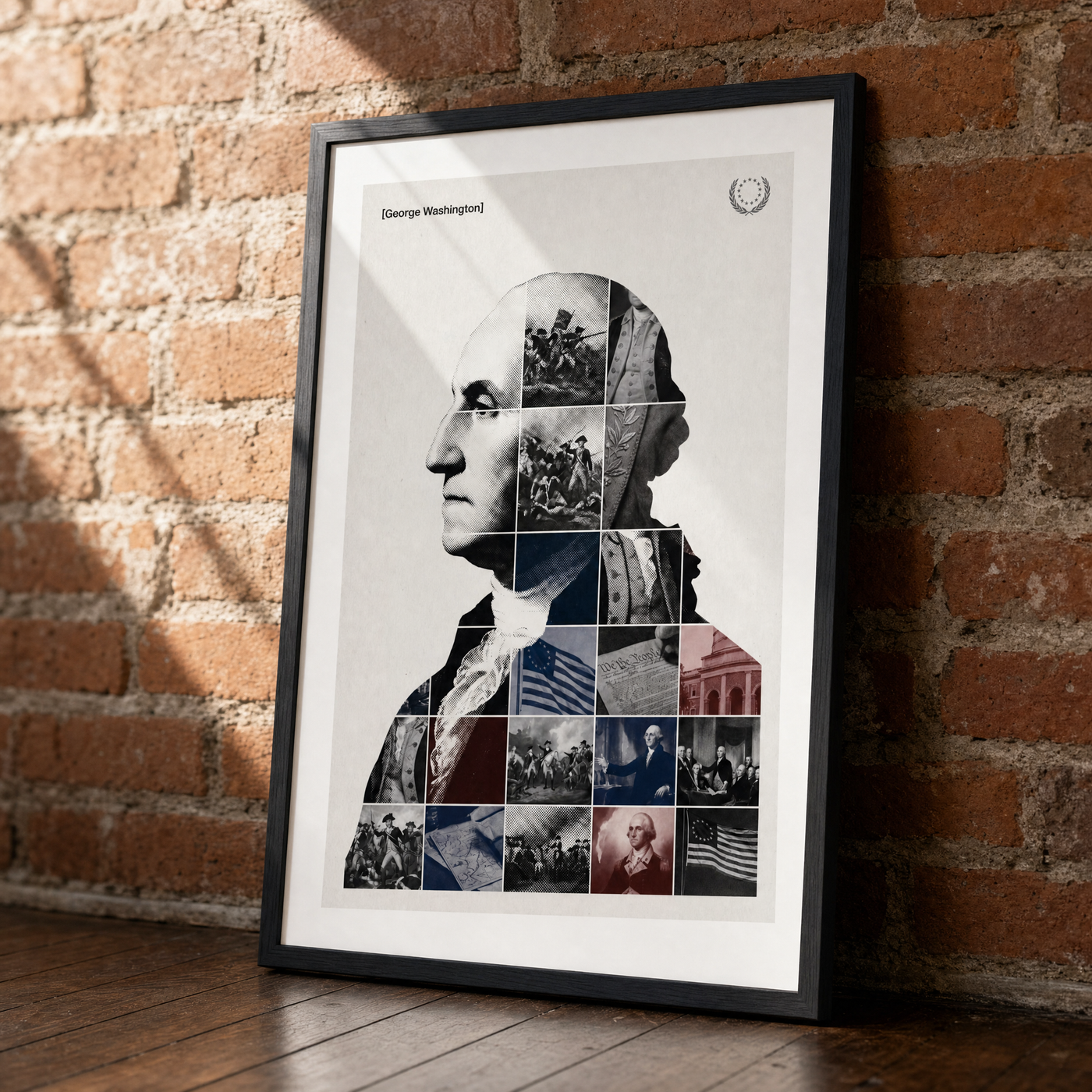 George Washington framed print, matte black frame, leaning against an exposed brick wall.
