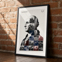 George Washington framed print, matte black frame, leaning against an exposed brick wall.