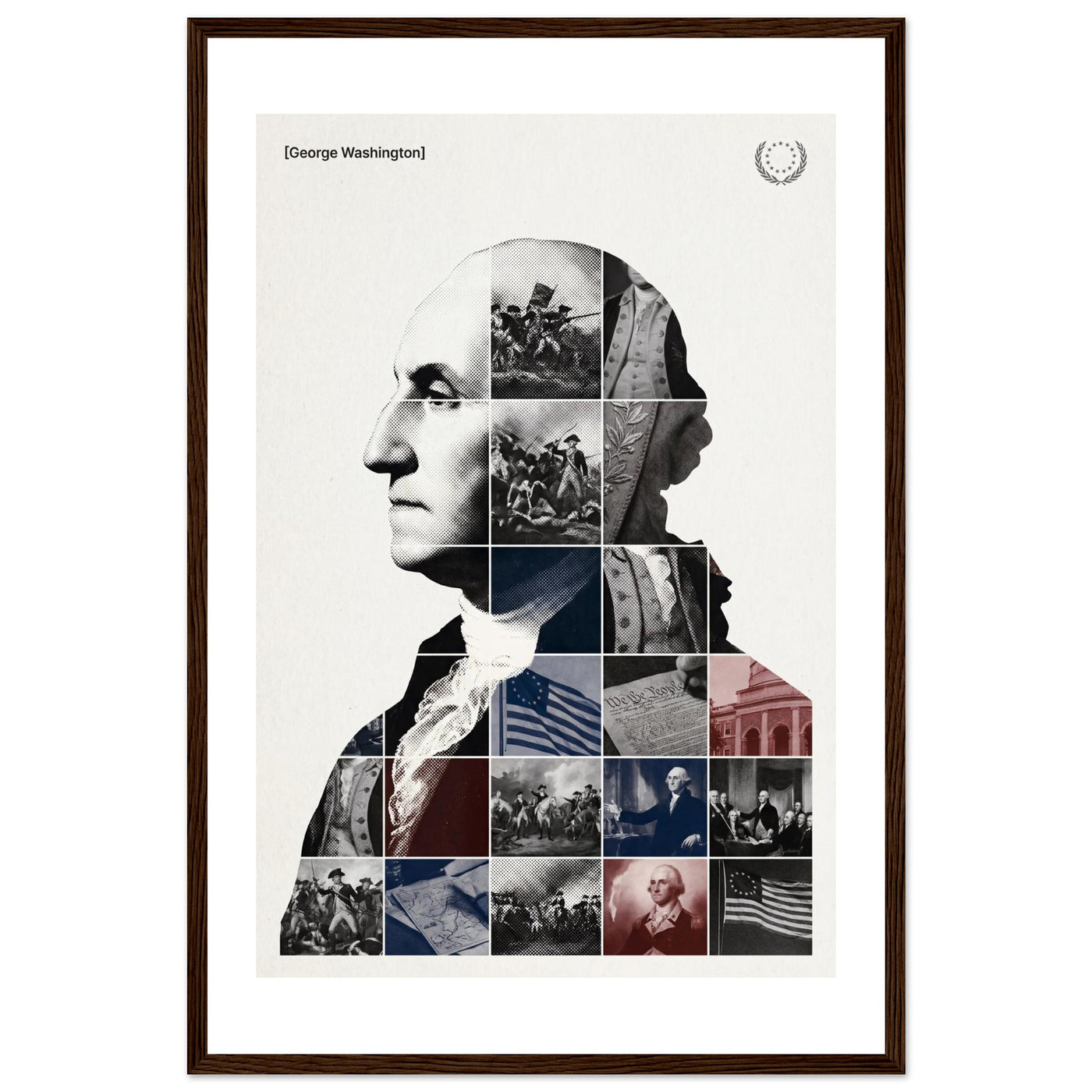 Wooden framed poster of George Washington, ready to hang.