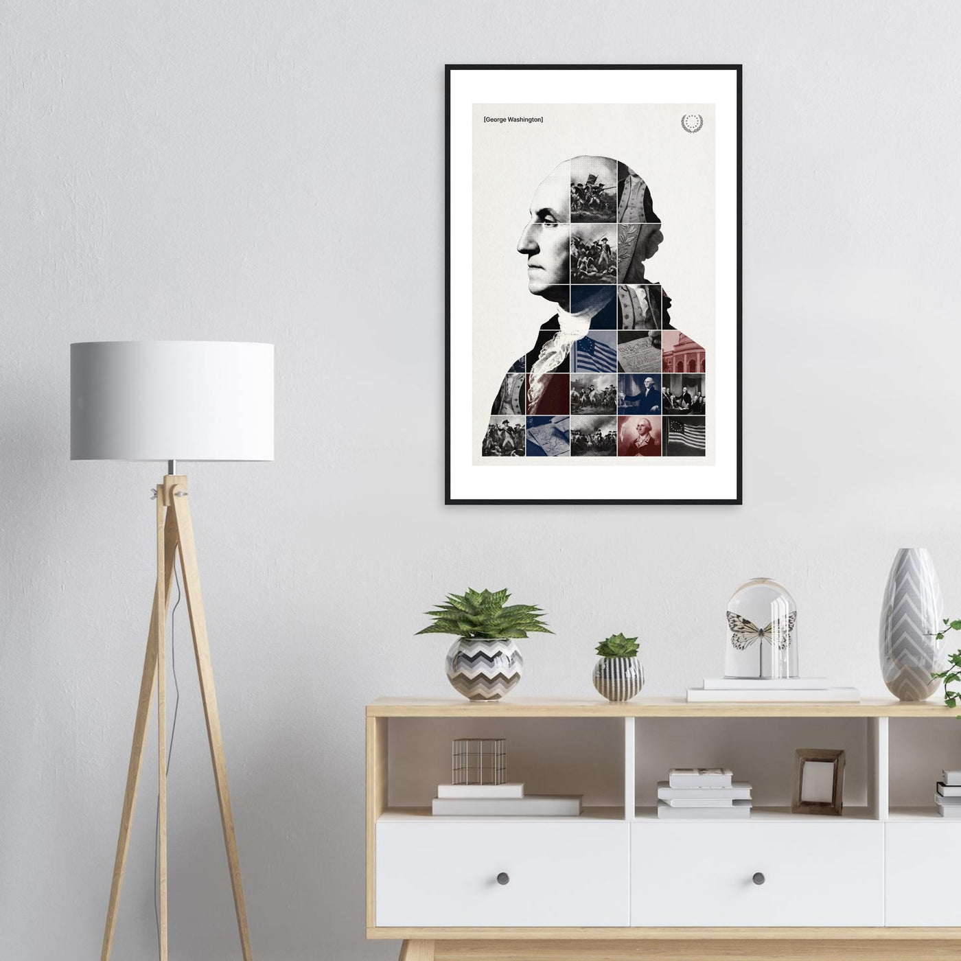 Wooden framed poster of George Washington, ready to hang.