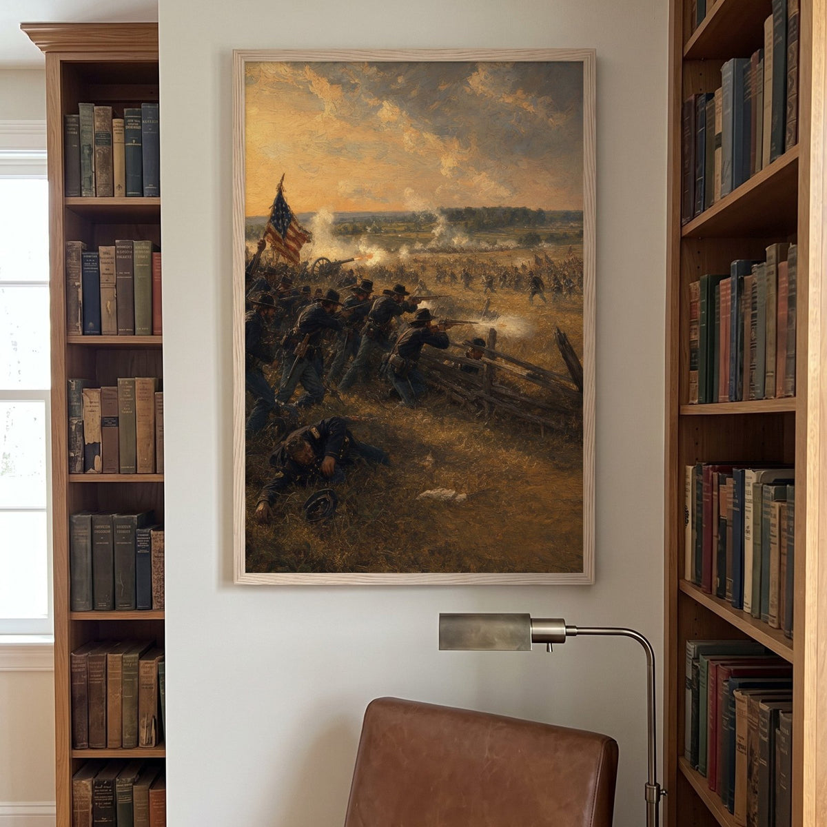 Gettysburg: The First Day framed print on a library wall between bookshelves