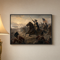 Washington Rallying at Monmouth framed print, matte black frame, shown on a warm neutral wall — ready to hang.