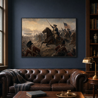 Washington Rallying at Monmouth framed print, matte black frame, 36×24″, shown above a leather sofa in a navy study.