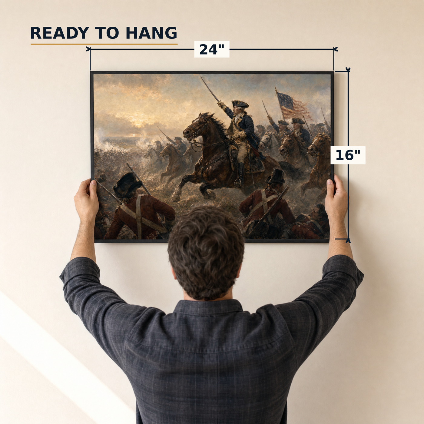 Washington Rallying at Monmouth framed print, matte black frame, 24×16″, held to the wall — ready to hang out of the box.