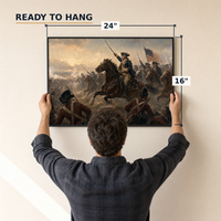 Washington Rallying at Monmouth framed print, matte black frame, 24×16″, held to the wall — ready to hang out of the box.