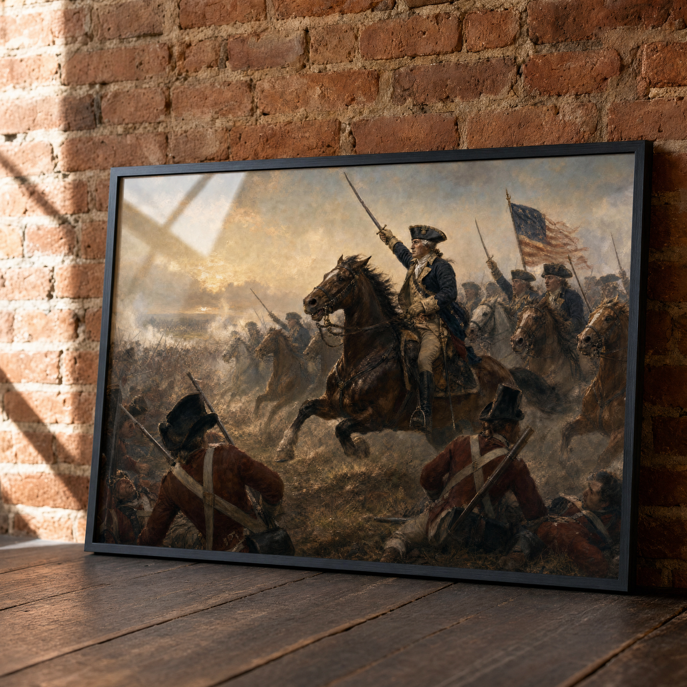 Washington Rallying at Monmouth framed print, matte black frame, leaning against an exposed brick wall.