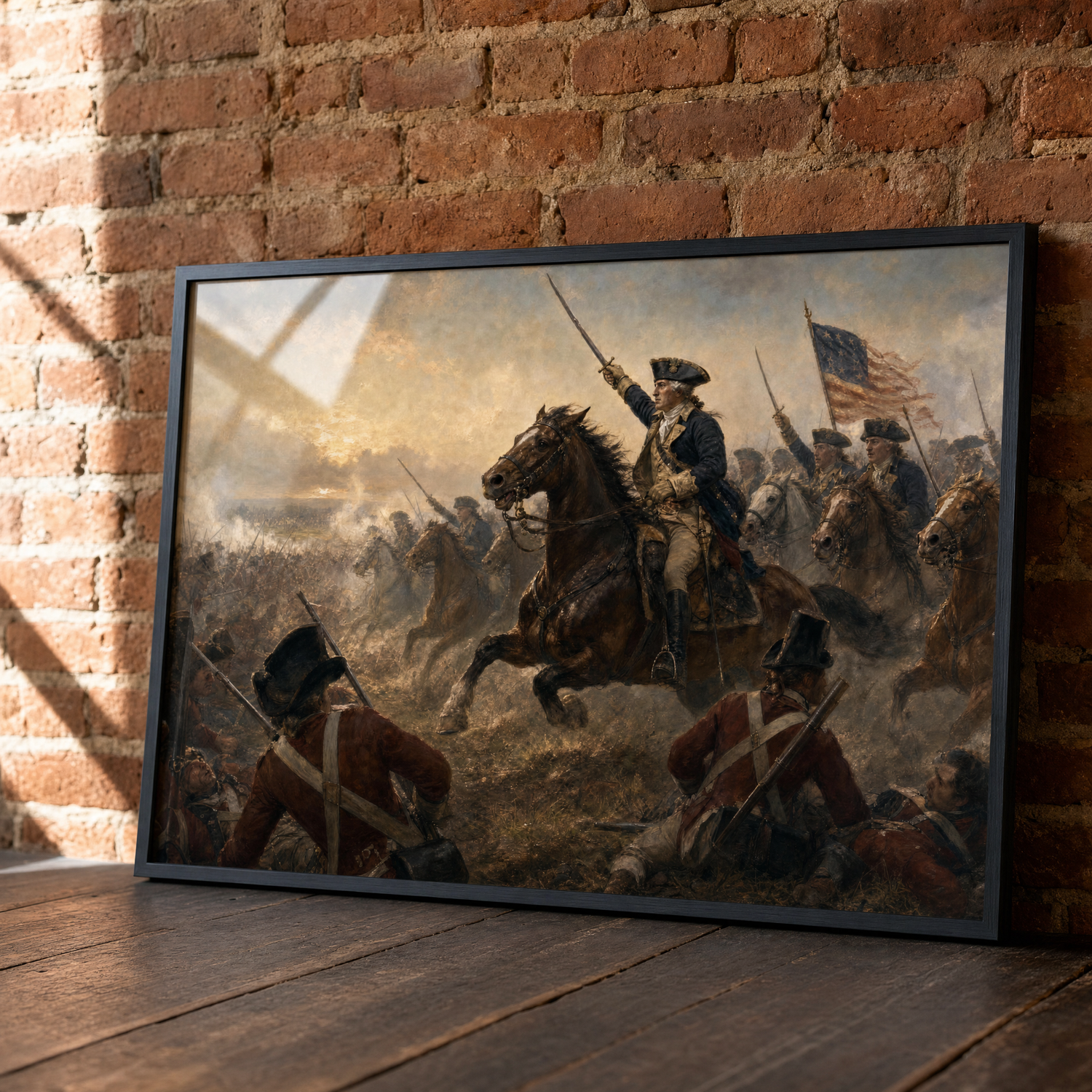 Washington Rallying at Monmouth framed print, matte black frame, leaning against an exposed brick wall.