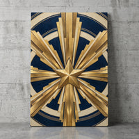 Deco Sunburst – gold art deco sunburst with a central star on deep navy, patriotic canvas wall art leaning against a concrete wall