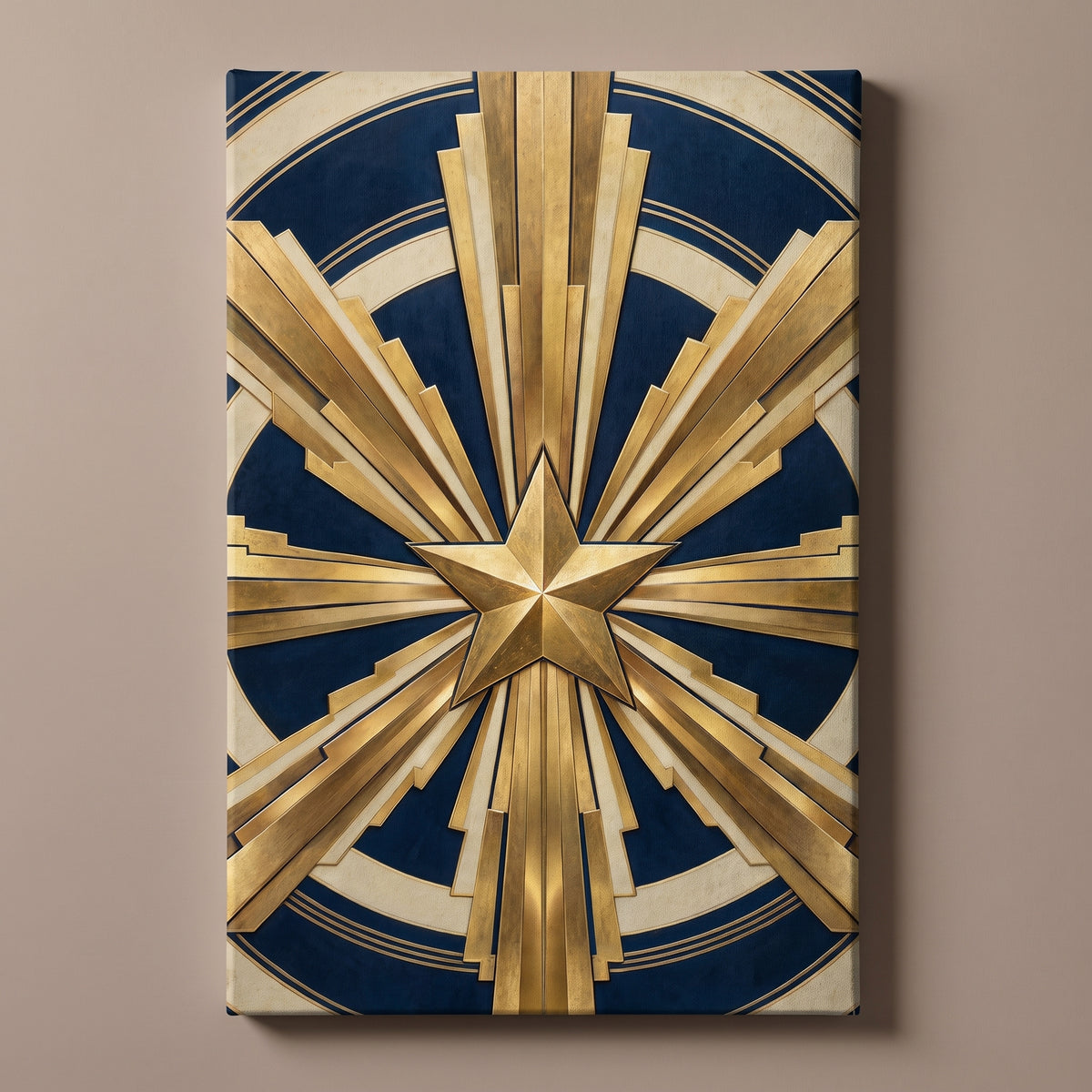 Deco Sunburst – gold art deco sunburst with a central star on deep navy, patriotic canvas wall art on a taupe wall