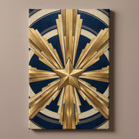 Deco Sunburst – gold art deco sunburst with a central star on deep navy, patriotic canvas wall art on a taupe wall