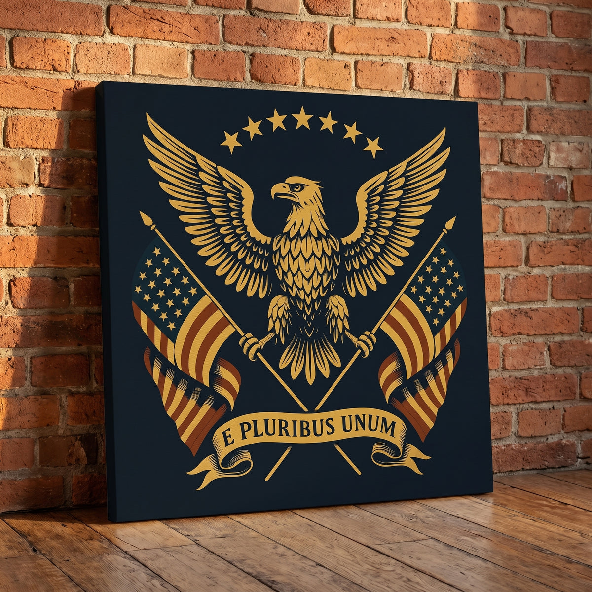 E Pluribus Unum – gold eagle crest with American flags and an E Pluribus Unum banner, patriotic canvas wall art leaning against a red brick wall
