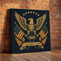 E Pluribus Unum – gold eagle crest with American flags and an E Pluribus Unum banner, patriotic canvas wall art leaning against a red brick wall