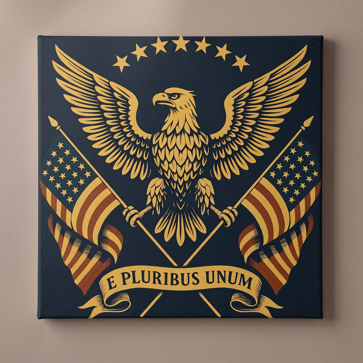 E Pluribus Unum – gold eagle crest with American flags and an E Pluribus Unum banner, patriotic canvas wall art on a taupe wall