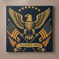 E Pluribus Unum – gold eagle crest with American flags and an E Pluribus Unum banner, patriotic canvas wall art on a taupe wall