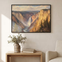 Grand Canyon of the Yellowstone framed print above a wooden console table
