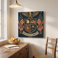 United in Liberty – heraldic eagle crest with flags, the Liberty Bell and a banner, patriotic canvas wall art above a sideboard in a dining room