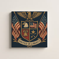 United in Liberty – heraldic eagle crest with flags, the Liberty Bell and a banner, patriotic canvas wall art on a linen white wall