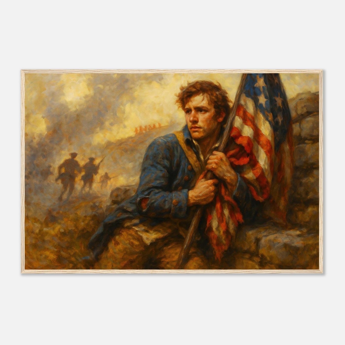 Framed print of patriots holding the line for freedom, ready to hang.