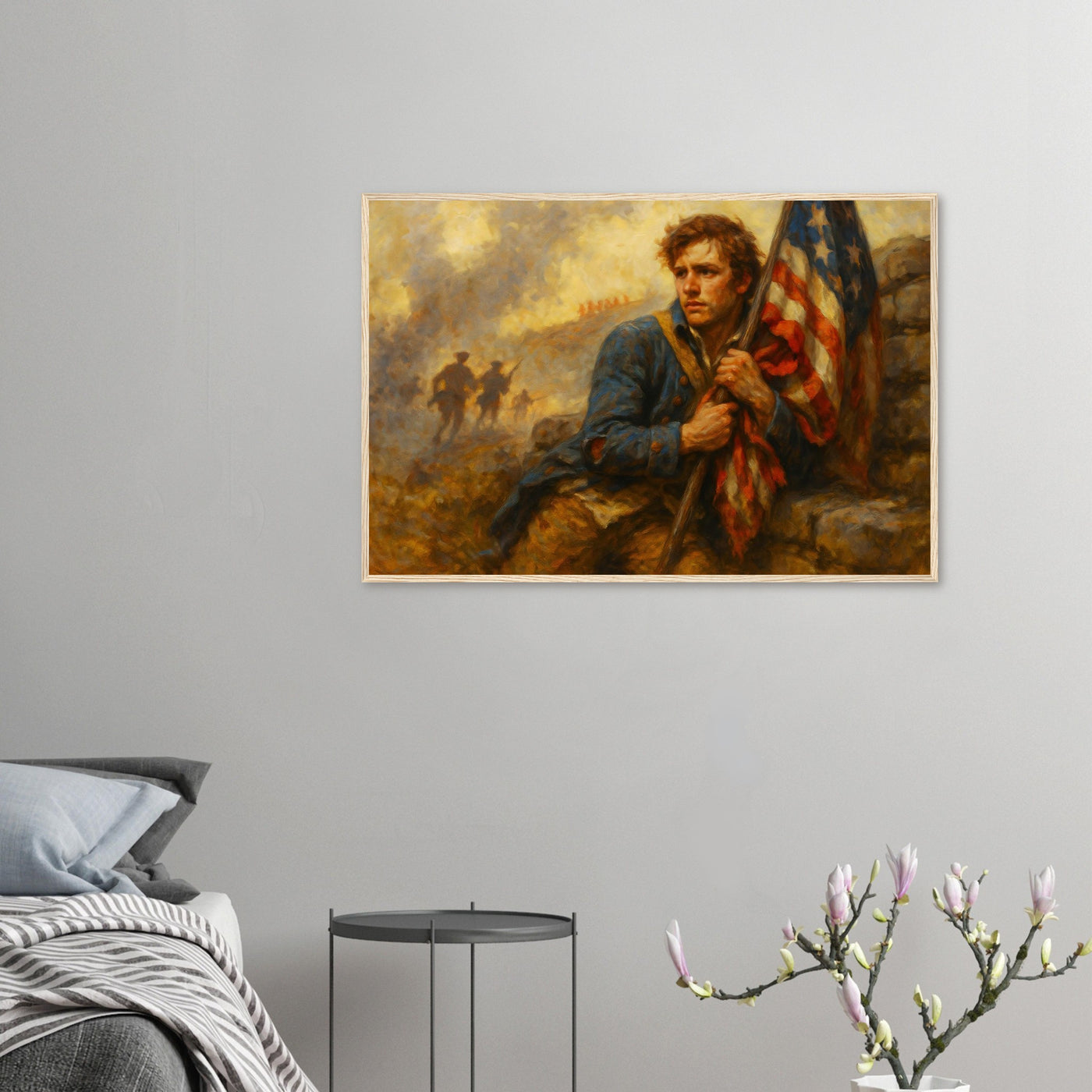 Framed print of patriots holding the line for freedom, ready to hang.