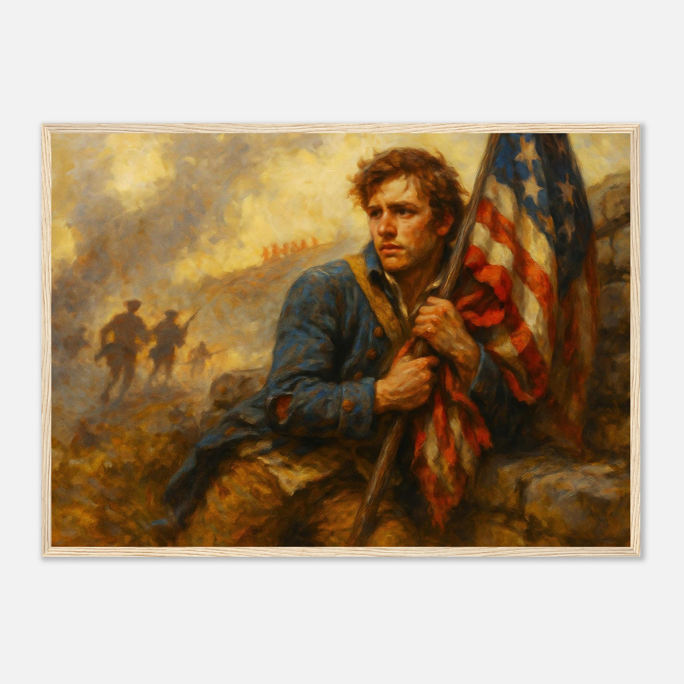 Framed print of patriots holding the line for freedom, ready to hang.