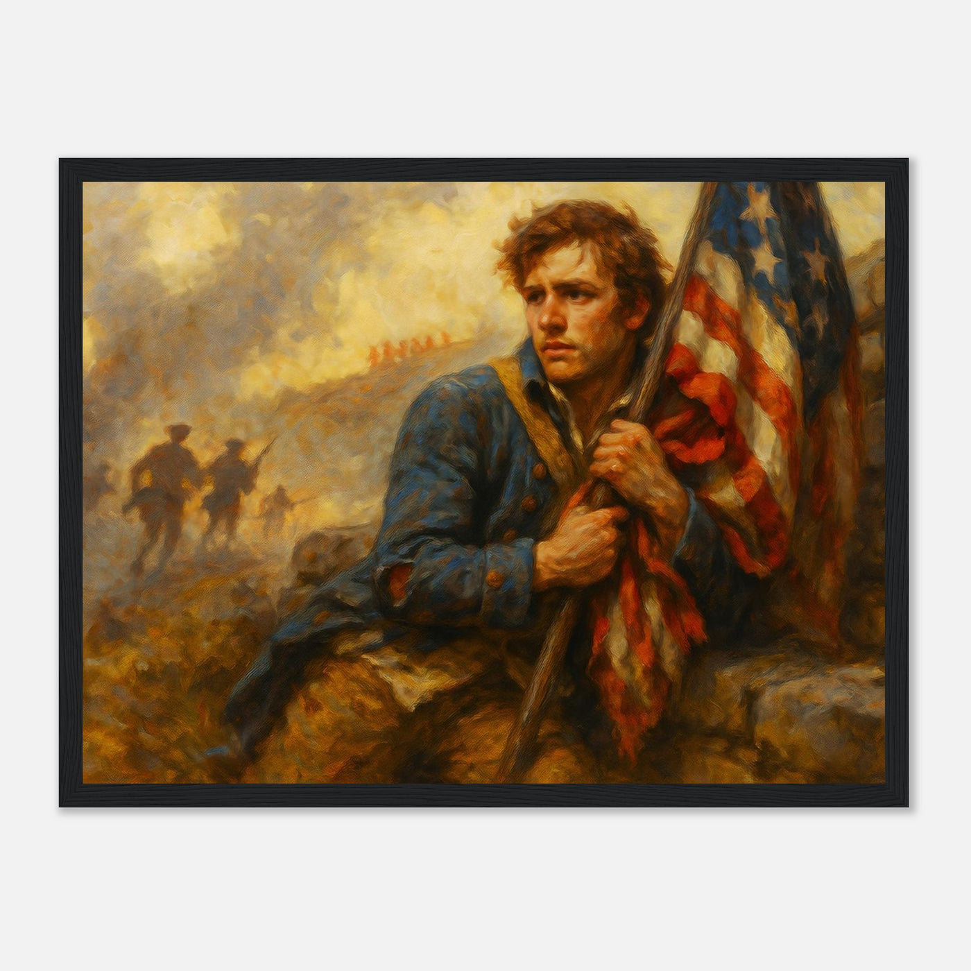 Framed print of patriots holding the line for freedom, ready to hang.