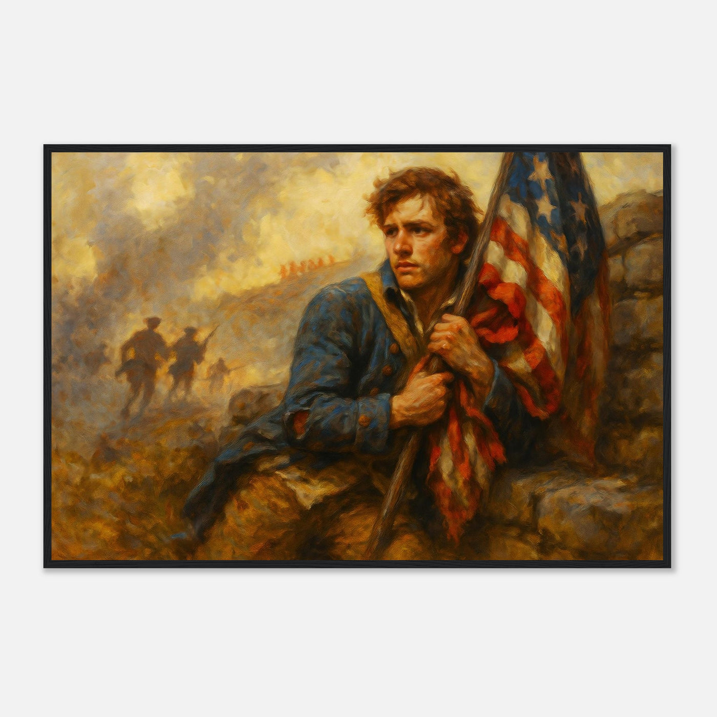 Framed print of patriots holding the line for freedom, ready to hang.