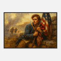 Framed print of patriots holding the line for freedom, ready to hang.