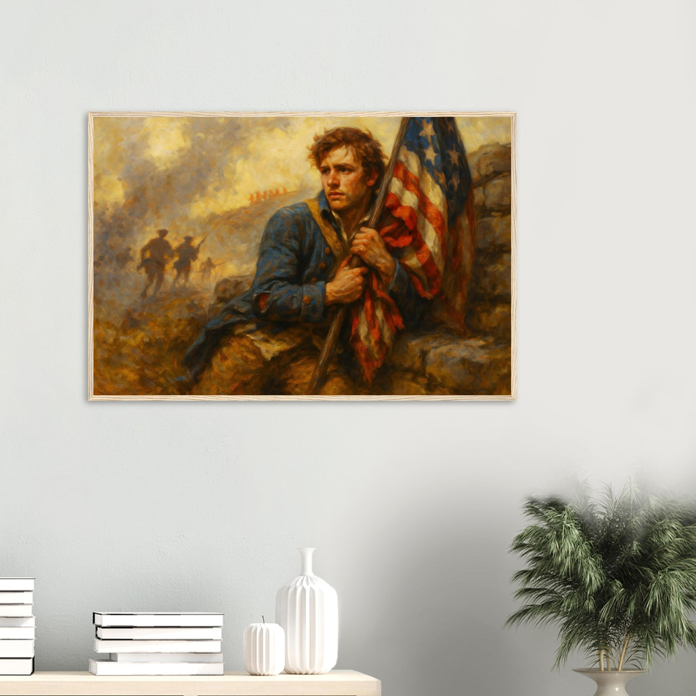Framed print of patriots holding the line for freedom, ready to hang.