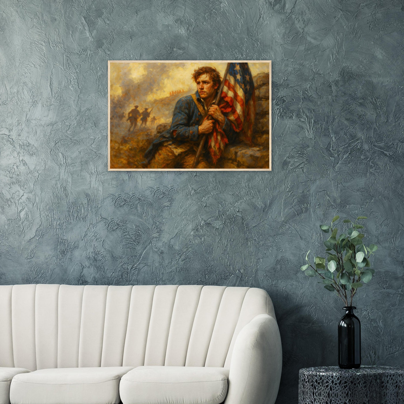 Framed print of patriots holding the line for freedom, ready to hang.