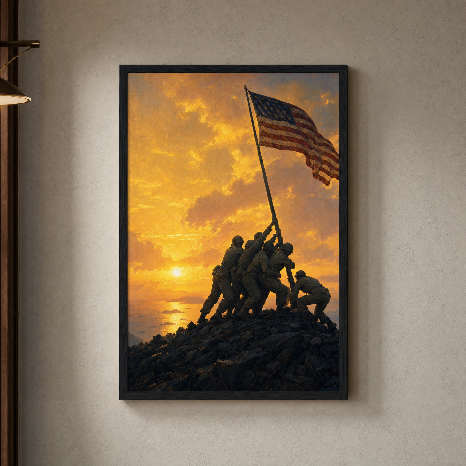 Sunset on Iwo Jima framed print in a slim matte black frame, shown on a warm stone-grey wall — ready to hang.